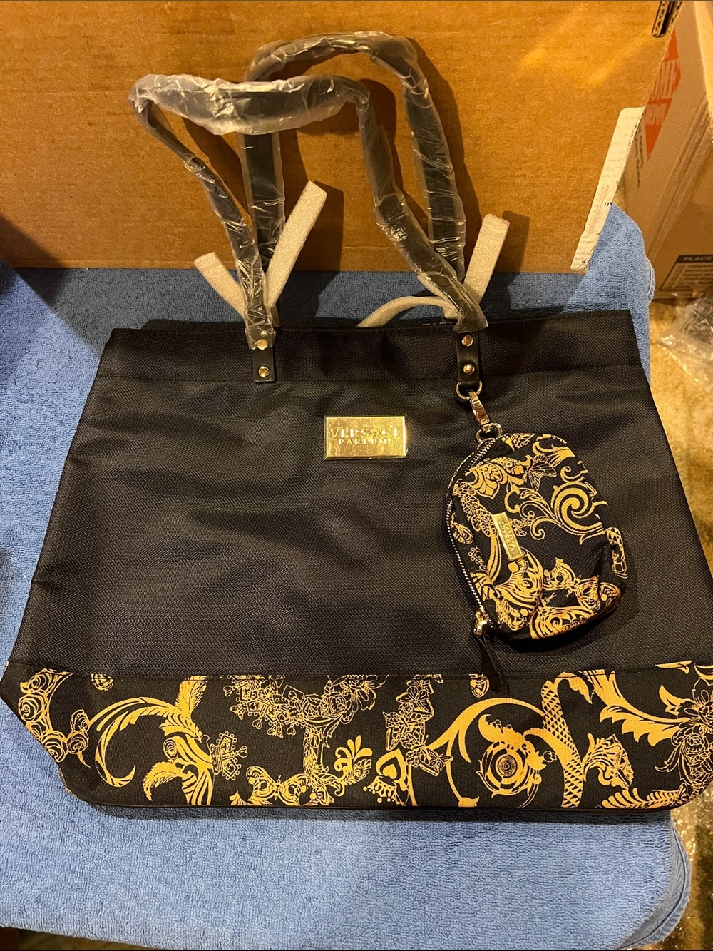 Versace Black Tote with Gold Baroque Accent and Matching Pouch